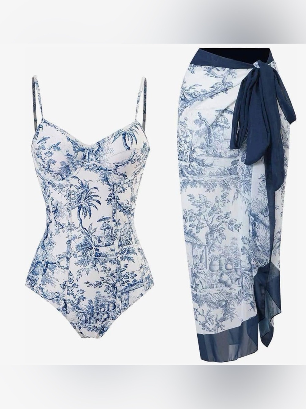 🩵 Blue Toile One Piece Swimsuit & Sarong Cover Up Set M